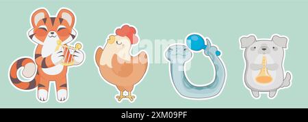 Cute cartoon animal musicians band mascot collection. Beast and bird with music instruments playing and singing song. Childish tiger with lyre, chicken singer, snail with maracas and dog with clarinet Stock Vector