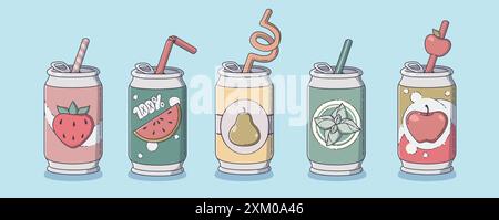 Soda drink can with fruit. Carbonated juice bottle vector. Summer sweet water with straw in aluminum container. Fizzy sugar cocktail with apple, strawberry, pear and watermelon flavor on label Stock Vector