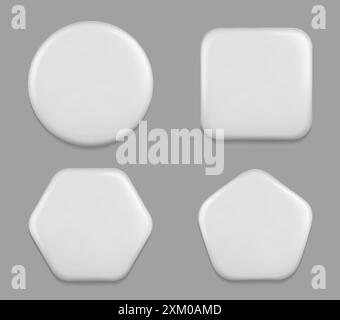 White blank pin badge mockup for promotion and advertising. Glossy brooch tag with of different shapes - round and square, hexagon and pentagon. 3d realistic vector set of empty merch template. Stock Vector