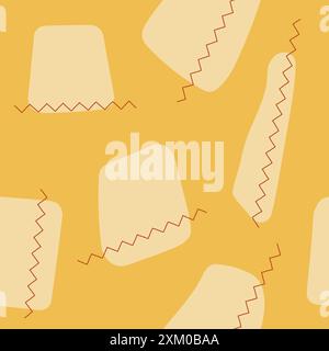 Playful and abstract pattern with irregular yellow shapes and zigzag stitching lines Stock Vector