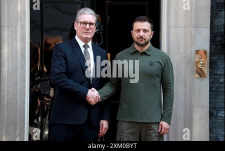 Britain's Prime Minister Keir Starmer greets Ukraine's President Volodymyr Zelensky at 10 Downing Street in London, England. Stock Photo
