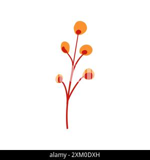 Folk plant. Simple yellow round leaves on a branch. Cartoon autumn botany berries. Minimalist style. Flat isolated vector illustration. No AI. hand drawn Stock Vector