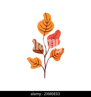 Folk plant. Red orange and terracotta leaves on a branch. Autumn botany yellow berries Minimalistic style. Flat isolated vector illustration. No AI. hand drawn Stock Vector