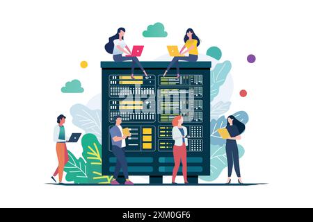 Technician works in huge server room. data storage. cloud storage. computing technology flat illustration. Stock Vector