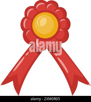 Award ribbon rosette in cartoon style.Champion gold medal with red ribbon. Award with a rosette for first place in competitions, guarantee of product Stock Vector