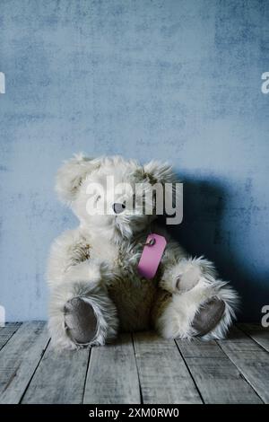 Teddy bear with a label attached. Stock Photo