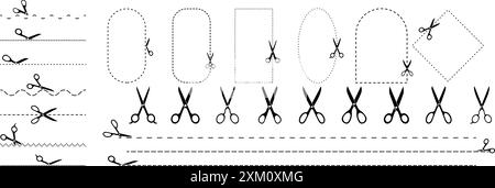 Cut lines and geometric shapes with scissors. Vector design elements. Stock Vector