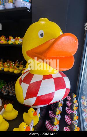 Rubber Duck painted in Croatia / Croatian flag costume display in a shop specialising in a full range of rubber ducks. Old town. Split. Croatia. (138) Stock Photo