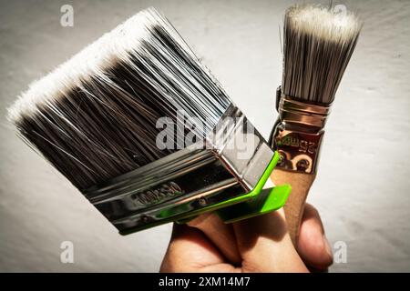 A close-up of a person holding two paint brushes, one large and one small. Ideal for showcasing home improvement tools, crafts, painting, and DIY proj Stock Photo