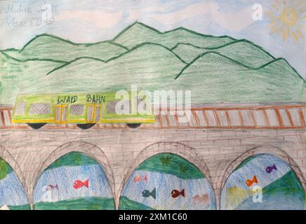 a child's drawing of the Waldbahn on a bridge with the Bavarian Forest and the river Schwarzer Regen with fish Stock Photo