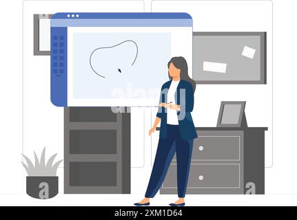 Flat illustration of female graphic designer sitting on bean bag chair and subscribing channel on mobile. Stock Vector