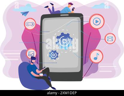 Flat illustration of man with working on  app optimization and programming seo. web designers, programmers . mobile content concept. Stock Vector