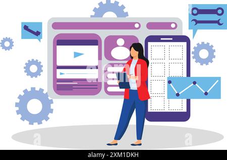 Flat illustration of web programmer or developer working on website application. programming and engineering development. Stock Vector