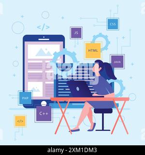 Flat illustration of female web developer creating code programming language. programming and engineering development. Stock Vector