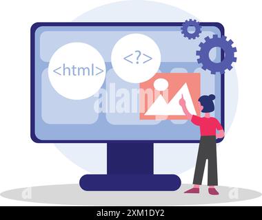 Flat illustration of web developer optimizing code programming through html language. programming and engineering development concept. Stock Vector