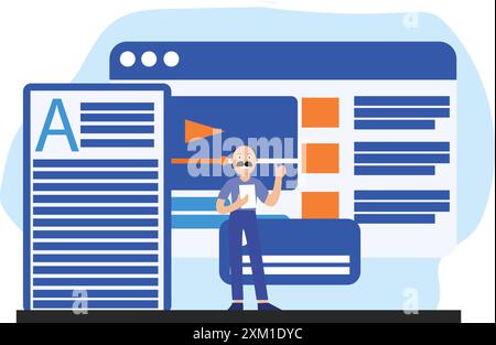 Flat illustration of employee giving presentation with text screen background. Stock Vector