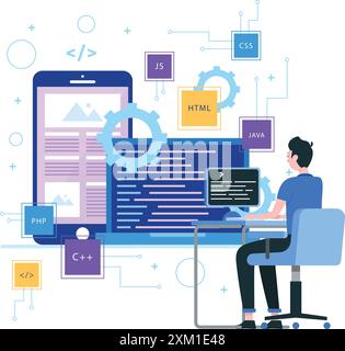 Flat illustration of software male developer. programming and engineering development. Stock Vector