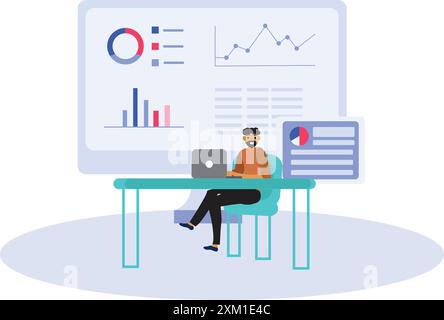 Vector illustration of man working on laptop showing flat illustration character  on projector. Stock Vector