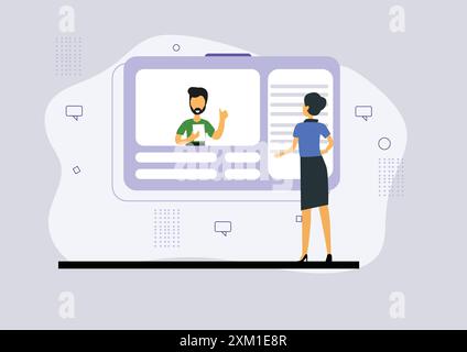 Vector illustration of lady showing social networking development concept. Stock Vector