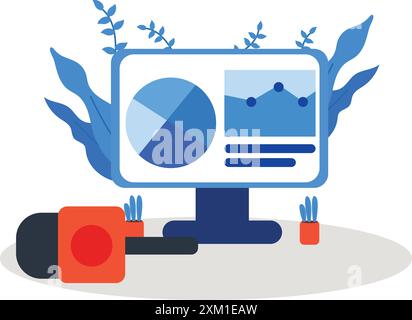 Flat illustration of business structure chart and statistics charts on laptop screen. Stock Vector