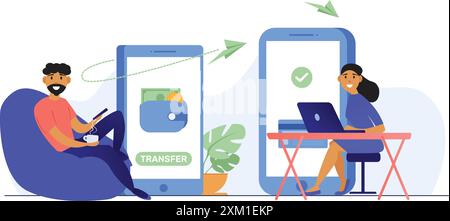 Flat illustration of man send money online via mobile and girl receiving amount. finance banking transaction/ online payment/ digital payment online c Stock Vector