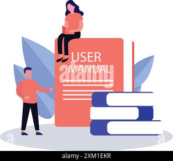 Flat illustration of students reading user manual guide book, manual book or handbook. Stock Vector