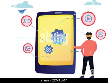 Flat illustration of software programme of male working on  app optimization and programming seo. web designers, programmers. mobile content concept. Stock Vector