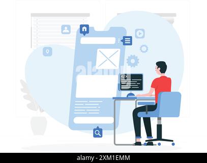 Flat illustration of  junior software developer working on  app optimization and programming seo. web designers, programmers. mobile content concept. Stock Vector
