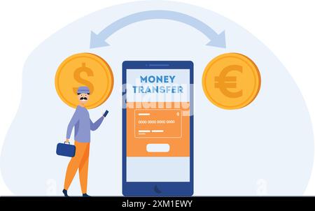 Flat illustration of boy transferring money online via mobile banking  with background screen of money transfer. finance banking transaction/ online p Stock Vector