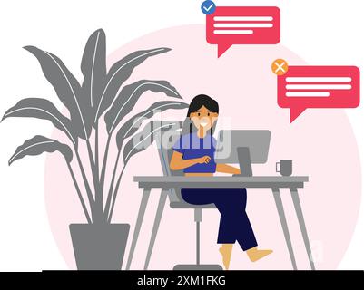 Vector illustration of work from home concept girl with laptop sitting on chair. work from home concept. Stock Vector