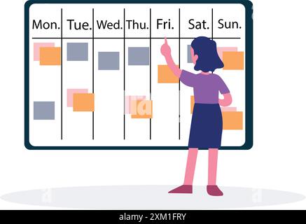 Flat illustration of back view of  digital marketing plans on calendar for business strategies. Stock Vector