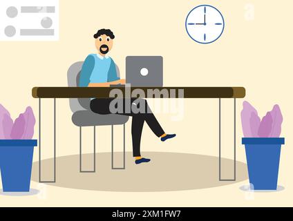 Man working on laptop sitting on the desk . Stock Vector