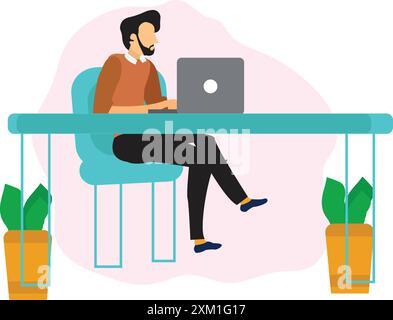 Working man sitting on the desk working on laptop. Stock Vector