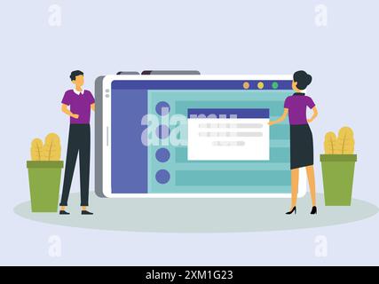 Vector illustration of colleagues showing mobile development concept. Stock Vector