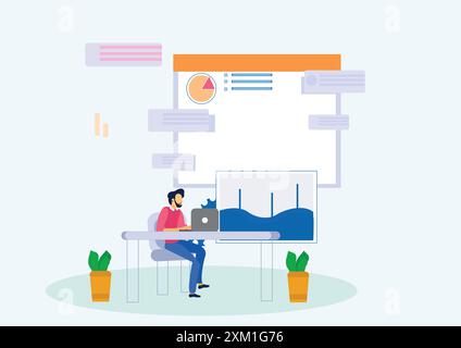 Vector illustration of man working on laptop showing analytics concept on projector. Stock Vector