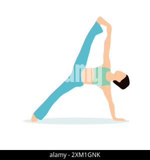 Vector illustration of yoga woman doing yoga exercise in (Eka Pada Vasisthasana) one leg side plank rotation pose. Stock Vector