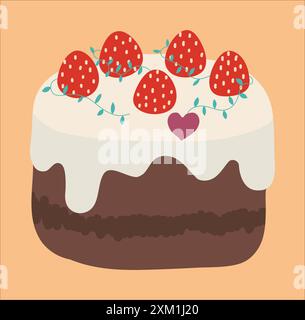 A sweet dessert with white cream flowing over chocolate bread and decorated with strawberries and herb leaves Stock Vector