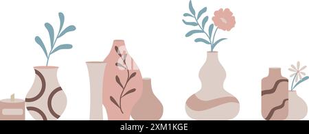 Minimalist illustration featuring flowers and plants in vases standing on white background. Modern home decor in pastel colors, vector graphics Stock Vector
