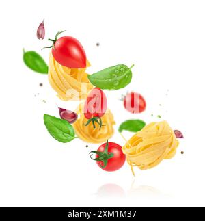 Flying tomatoes, pasta, garlic and basil isolated with clipping path.  Stock Photo