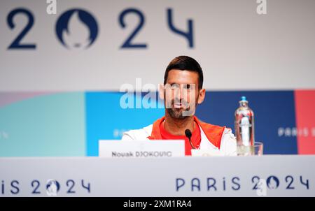 Serbia's Novak Djokovic during a Serbia Team press conference at the Main Press Centre, Paris. Picture date: Thursday 25th July. Stock Photo