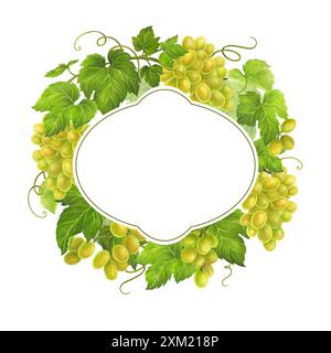 Isolated watercolor wreath of grapes, leaves and tendrils with frame for text for wedding invitation or greeting card, menus, labels for wine, vinegar Stock Photo