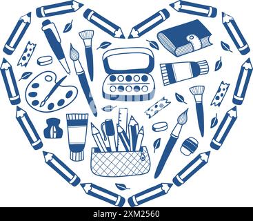 Frame of pencils in shape heart with stationery and art supplies, hobby items and autumn leaves. Back to school. Vector illustration in hand drawn doo Stock Vector
