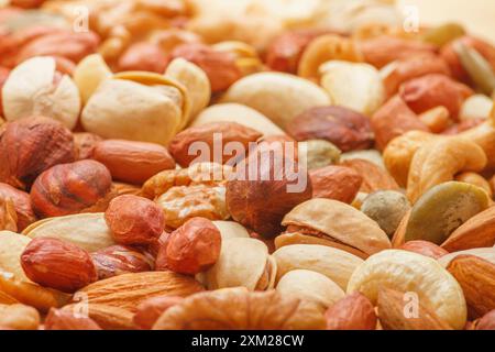 Variety of nuts and seeds closeup with selective focus - peeled walnut, hazelnuts, peeled peanut, pine nut kernels, almond seeds, cashew seeds, pistac Stock Photo