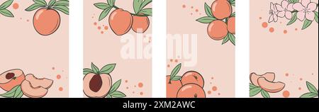 Set of four backgrounds featuring peaches with leaves and flowers, perfect for summery designs. Template with ripe fruits. Design for vertical flyer Stock Vector
