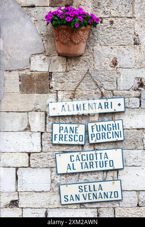 Italian food sign-grocery store, fresh bread, porcini mushrooms, black truffle cheese & local cold meats from San Venanzo. Alimentari, pane fresco Stock Photo