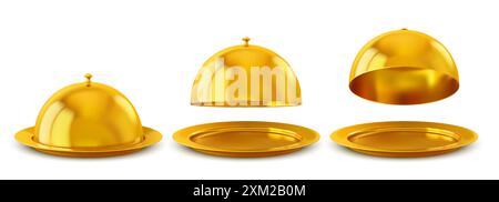 Golden dish trays set including a cloche and platter, shining with a luxurious metallic finish. Realistic 3d vector restaurant dishware for serving go Stock Vector