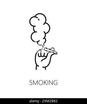Cannabis smoking line icon of marijuana CBD or weed extract, vector symbol. Medical cannabis or marijuana drug smoke line icon of hand with cigarette Stock Vector