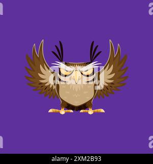 Cartoon Halloween owl character, isolated vector owlet, wise, enchanting creature with brown feathers, and large, piercing eyes, embodying the wisdom, Stock Vector