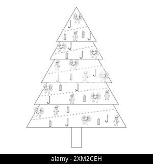 Childrens coloring books. A Christmas tree decorated with toys, Christmas. Vector black and white drawing Stock Vector