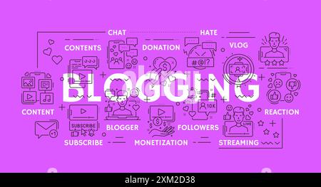 Blogging icons. Content, social media and multimedia blogs, vector digital marketing and internet technologies. Blogging isolated line symbols of blog Stock Vector